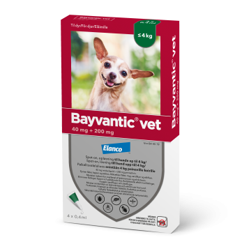 BAYVANTIC VET paikallisvaleluliuos 40/200 mg enintään 4 kg painaville koirille 4 x 0.4 ml